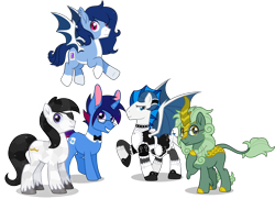 Size: 6000x4340 | Tagged: safe, alternate version, artist:n0kkun, oc, oc:crystal glaze, oc:feathertrap, oc:iron reign, oc:marquis majordome, oc:soft mane, bat pony, crystal pony, dracony, kirin, bowtie, bunnycorn, commission, crucifix, eyepatch, femboy, flying, glasses, maid, maid outfit, male, males only, simple background, species swap, stallion, thestral, transparent background, vector, wings extended