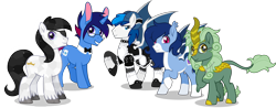 Size: 6000x2358 | Tagged: safe, alternate version, artist:n0kkun, oc, oc:crystal glaze, oc:feathertrap, oc:iron reign, oc:marquis majordome, oc:soft mane, bat pony, crystal pony, dracony, kirin, bunnycorn, commission, crucifix, eyepatch, femboy, glasses, maid, maid outfit, male, males only, simple background, species swap, stallion, thestral, transparent background, vector