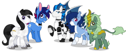 Size: 6000x2431 | Tagged: safe, alternate version, artist:n0kkun, oc, oc:crystal glaze, oc:feathertrap, oc:iron reign, oc:marquis majordome, oc:soft mane, bat pony, crystal pony, dracony, kirin, bunnycorn, commission, crucifix, eyepatch, femboy, glasses, maid, maid outfit, male, males only, simple background, species swap, stallion, thestral, transparent background, vector