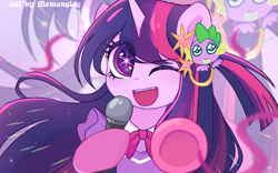 Size: 1752x1095 | Tagged: safe, artist:memengla, derpibooru import, twilight sparkle, pony, ai hoshino, clothes, cosplay, female, looking at you, mare, microphone, one eye closed, open mouth, oshi no ko, parody of a parody, pointing, pointing at you, socks, solo, starry eyes, twi hoshino, wink, winking at you, zoom layer