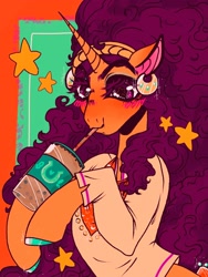Size: 1536x2048 | Tagged: safe, artist:rare-apples, derpibooru import, saffron masala, pony, unicorn, g4, 2d, clothes, colored, cup, digital art, drink, female, happy, headband, holding, long hair, looking at you, mare, shirt, smiling, smiling at you, solo, straw