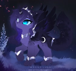 Size: 3300x3099 | Tagged: safe, artist:magnaluna, derpibooru import, princess luna, hybrid, pony, sphinx, bracelet, cheek fluff, chest fluff, constellation, ethereal mane, female, flower, fluffy, grass, horn, horn ring, jewelry, night, outdoors, paws, ring, solo, spread wings, starry mane, starry wings, wings