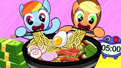 Size: 1280x720 | Tagged: safe, artist:spc stopmotion, derpibooru import, applejack, rainbow dash, earth pony, pegasus, pony, applejack's hat, bean mouth, bowl, chopsticks, clock, clothes, cowboy hat, dollar, dollars, duo, duo female, eating, egg (food), elsagate, female, food, hat, mare, meat, money, mukbang, mushroom, noodles, onion, open mouth, open smile, pink background, ramen, simple background, smiling, sushi, table, thumbnail, timer, tongue, tongue out, vegetables, wat, why, wtf, youtube kids, youtube link, youtube thumbnail