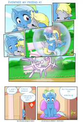 Size: 749x1102 | Tagged: safe, artist:jeremy3, derpibooru import, derpy hooves, trixie, pegasus, pony, unicorn, comic:everfree my friend, g4, bench, food, muffin, teleportation