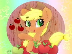 Size: 4000x3000 | Tagged: safe, artist:zokkili, derpibooru import, applejack, earth pony, pony, apple, apple eyes, applejack's hat, beanbrows, clothes, cowboy hat, cute, eyebrows, eyebrows visible through hair, female, food, hat, high res, jackabetes, looking at you, mare, open mouth, open smile, signature, smiling, smiling at you, solo, that pony sure does love apples, wingding eyes