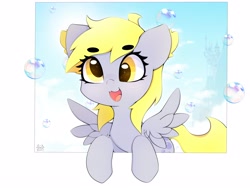 Size: 4000x3000 | Tagged: safe, artist:zokkili, derpibooru import, derpy hooves, pegasus, pony, beanbrows, bubble, cute, derp, derpabetes, eyebrows, eyebrows visible through hair, female, high res, looking at you, mare, open mouth, open smile, signature, smiling, smiling at you, solo, spread wings, wings