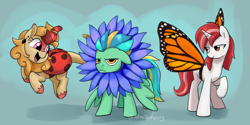 Size: 2634x1318 | Tagged: safe, artist:aanotherpony, derpibooru import, oc, oc only, oc:belisca, oc:mercy, oc:vindi, kirin, pegasus, pony, unicorn, butterfly wings, flower, flower costume, wings