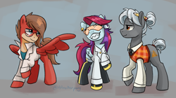 Size: 2729x1527 | Tagged: safe, artist:aanotherpony, derpibooru import, oc, oc:rubicon, oc:sarif, oc:silicon, earth pony, pegasus, pony, clothes, lab coat, latex, latex socks, socks, visor