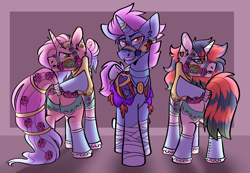 Size: 1406x973 | Tagged: safe, artist:rockin_candies, derpibooru import, oc, oc:icebreaker, oc:ivoire star, oc:lattice, pony, unicorn, horn, horn ring, ring, saddle, tack