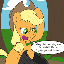 Size: 900x900 | Tagged: safe, artist:unitxxvii, derpibooru import, applejack, earth pony, pony, dialogue, female, implied rainbow dash, lidded eyes, looking down, mare, missing cutie mark, open mouth, solo, speech bubble, tire