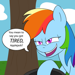 Size: 900x900 | Tagged: safe, artist:unitxxvii, derpibooru import, rainbow dash, pegasus, pony, dialogue, female, grin, implied applejack, mare, narrowed eyes, open mouth, open smile, pun, shit eating grin, smiling, smug, solo, speech bubble, tire