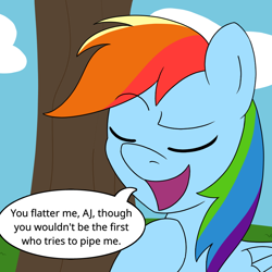 Size: 900x900 | Tagged: safe, artist:unitxxvii, derpibooru import, rainbow dash, pegasus, pony, dialogue, eyebrows, eyebrows visible through hair, eyes closed, female, implied applejack, mare, open mouth, open smile, pun, raised eyebrow, smiling, solo, speech bubble