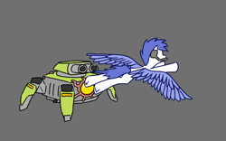 Size: 2214x1380 | Tagged: safe, artist:mrbrain, derpibooru import, oc, pegasus, robot, blue mane, blue tail, blue wings, crossover, deep rock galactic, flying, gray background, headphones, pegasus oc, scout, simple background, tail, video game crossover, white coat, wings