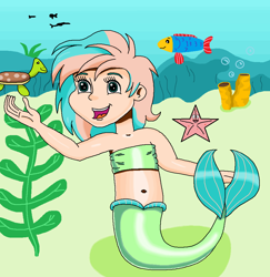 Size: 945x973 | Tagged: safe, artist:ocean lover, derpibooru import, coral currents, fish, human, mermaid, turtle, bandeau, bare shoulders, belly, belly button, boulder, bubble, cheerful, child, coralbetes, cute, female, fins, fish tail, green eyes, happy, human coloration, humanized, innocent, kelp, leaves, light skin, looking at something, mermaid tail, mermaidized, midriff, ms paint, ocean, older, older coral currents, open mouth, rock, sand, seaweed, sister, sleeveless, species swap, sponge, starfish, tail, tail fin, two toned hair, underwater, water