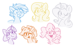 Size: 1233x776 | Tagged: safe, artist:blex, derpibooru import, applejack, fluttershy, pinkie pie, rainbow dash, rarity, twilight sparkle, earth pony, pegasus, pony, unicorn, alternate hairstyle, applejack's hat, bust, clothes, cowboy hat, curly hair, curly mane, doodle, ears up, eyelashes, female, freckles, hat, looking at you, mane six, mare, one eye closed, open mouth, partial color, simple background, transparent background, wink, winking at you