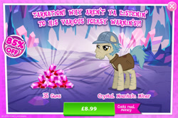 Size: 1960x1301 | Tagged: safe, derpibooru import, idw, earth pony, pony, advertisement, cleft chin, clothes, costs real money, english, facial hair, gameloft, gem, hard hat, hat, idw showified, leg hair, male, mobile game, my little pony: magic princess, numbers, official, sale, sideburns, solo, stallion, text, unnamed character, unnamed pony