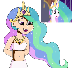 Size: 942x896 | Tagged: safe, artist:ocean lover, derpibooru import, princess celestia, alicorn, human, pony, princess twilight sparkle (episode), season 4, bare midriff, bare shoulders, beautiful, beautiful hair, belly, belly button, crown, diamond, elegant, eyebrows, female, flowing hair, human coloration, humanized, jewelry, lips, long hair, looking at someone, midriff, multicolored hair, open mouth, open smile, reference, regalia, scene interpretation, sleeveless, smiling, solo, starry hair, wavy hair