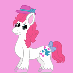 Size: 1000x1000 | Tagged: safe, artist:mintwhistle, derpibooru import, truly, earth pony, pony, g1, blue eyes, bow, colored hooves, female, hat, mare, medibang paint, pink background, pink hair, pink mane, pink tail, simple background, smiling, solo, tail, tail bow, teal eyes, unshorn fetlocks