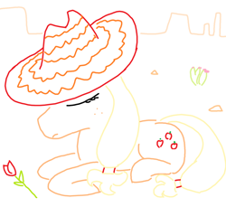 Size: 1364x1252 | Tagged: safe, artist:purblehoers, derpibooru import, applejack, cactus, desert, flower, hat, lying down, ms paint, rock, rose, sad, simple background, solo, sombrero, white background