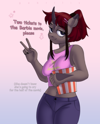 Size: 1190x1473 | Tagged: safe, artist:gabrilis, derpibooru import, oc, oc only, oc:dakota samsa, anthro, unicorn, barbie, barbie (film), belly button, belly piercing, breasts, choker, curved horn, female, horn, midriff, piercing, simple background, solo