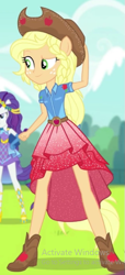 Size: 291x639 | Tagged: safe, derpibooru import, screencap, applejack, rarity, human, better together, cheer you on, equestria girls, alternate hairstyle, applejack's hat, belt, boots, clothes, cowboy boots, cowboy hat, cropped, cutie mark on clothes, duo, hand on hat, hat, ponied up, raised eyebrow, shirt, shoes, skirt, smiling, solo focus, stetson, super ponied up