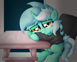 Size: 2465x2003 | Tagged: safe, artist:background basset, derpibooru import, lyra heartstrings, pony, unicorn, fanfic:background pony, chair, clothes, depressed, dig the swell hoodie, hoodie, lidded eyes, sad, sitting, solo, table