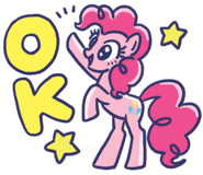 Size: 185x160 | Tagged: safe, derpibooru import, pinkie pie, earth pony, pony, cute, doodle, eyes open, female, line sticker, mare, official, ok, open mouth, open smile, rearing, simple background, smiling, solo, stars, text, transparent background