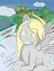 Size: 1536x2048 | Tagged: safe, artist:luckyclover, derpibooru import, derpy hooves, pegasus, pony, daytime, outdoors, smiling, solo
