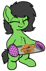 Size: 526x805 | Tagged: safe, artist:smoldix, color edit, edit, editor:anonymous, twibooru import, oc, oc only, oc:anon filly, earth pony, pony, bipedal, chest fluff, chicken tenders, colored, cute, eyes closed, female, filly, foal, food, hoof hold, ocbetes, oven mitts, simple background, sketch, smiling, solo, tendies, tray, white background