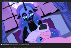 Size: 827x560 | Tagged: safe, artist:jargon scott, derpibooru import, nightmare moon, oc, oc:nyx, alicorn, pony, baby, baby pony, bed, blanket, crying, ears, female, filly, floppy ears, foal, hoof hold, in bed, lidded eyes, looking at you, mare, mare in the moon, moon, mother and child, mother and daughter, parent and child, parody, ponified, self paradox, self ponidox, species swap, stella glow, swaddling, tears of joy, teary eyes