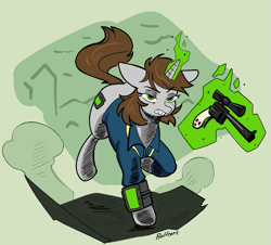 Size: 853x772 | Tagged: safe, artist:balileart, derpibooru import, oc, oc only, oc:littlepip, pony, unicorn, fallout equestria, action pose, clothes, female, frown, glowing, glowing horn, gritted teeth, gun, handgun, horn, jumpsuit, lidded eyes, little macintosh, magic, mare, midair, partial background, pipbuck, revolver, solo, teeth, telekinesis, three quarter view, vault suit, weapon