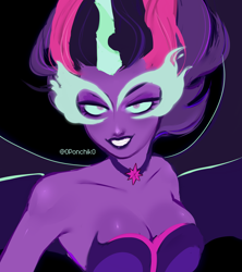 Size: 2364x2662 | Tagged: safe, artist:0ponchik0, derpibooru import, midnight sparkle, sci-twi, twilight sparkle, human, equestria girls, black background, breasts, bust, cleavage, clothes, evil grin, female, grin, headlight sparkle, high res, narrowed eyes, portrait, shoulderless, simple background, smiling, solo