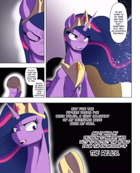 Size: 3000x3700 | Tagged: safe, artist:begoliah, derpibooru import, princess twilight 2.0, twilight sparkle, twilight sparkle (alicorn), alicorn, pony, comic:crusaders, the last problem, comic, crown, dithering, ethereal mane, female, furrowed brow, hoof shoes, jewelry, long mane, older, older twilight, open mouth, peytral, princess shoes, regalia, slim, solo, speech bubble, starry mane, sternocleidomastoid, talking, teeth, thin