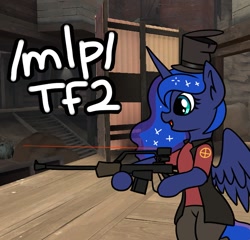 Size: 913x877 | Tagged: safe, derpibooru import, princess luna, alicorn, pony, /mlp/ tf2 general, bipedal, classic, clothes, female, gibus, hat, jacket, mare, sniper, team fortress 2, text, upward