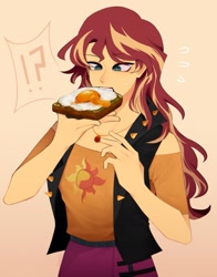 Size: 1557x1983 | Tagged: safe, artist:honekiez, derpibooru import, sunset shimmer, human, equestria girls, clothes, food, geode of empathy, gradient background, jacket, jewelry, magical geodes, necklace, solo, sweat, sweatdrop