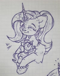 Size: 2736x3418 | Tagged: safe, artist:starkey, derpibooru import, oc, oc only, unicorn, beads, bracelet, braid, braided tail, chest fluff, ear fluff, ears, female, fur, graph paper, horn, jewelry, looking at you, mare, one eye closed, open mouth, sketch, smiling, solo, tail, toy, traditional art, unicorn oc, wink, winking at you