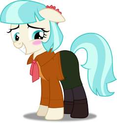 Size: 3814x4000 | Tagged: safe, artist:dashiesparkle, artist:edy_january, derpibooru import, edit, coco pommel, earth pony, pony, ashley graham, biohazard, blushing, boots, clothes, link in description, mantle, parody, resident evil, resident evil 4, resident evil 4 remake, ribbon, shoes, simple background, transparent background, vector, vector edit, vector used
