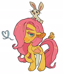 Size: 1726x2048 | Tagged: safe, artist:zira_dawn, derpibooru import, angel bunny, fluttershy, bird, pegasus, pony, rabbit, angel riding fluttershy, animal, cute, ears, female, floppy ears, hair over one eye, heart, looking at you, mare, missing cutie mark, shyabetes, simple background, smiling, smiling at you, white background
