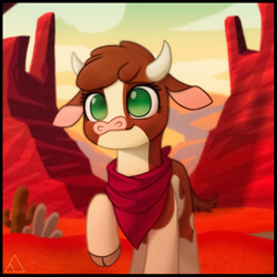 Size: 2023x2023 | Tagged: safe, artist:fchelon, derpibooru import, arizona cow, cow, them's fightin' herds, arizonadorable, bandana, cloven hooves, community related, cute, female, neckerchief, no pupils, raised hoof, raised leg, solo