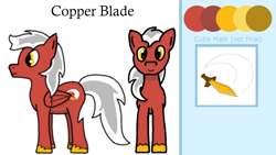 Size: 1920x1080 | Tagged: safe, artist:auro, derpibooru import, oc, oc only, oc:copper blade, pegasus, pony, clothes, cutie mark, front knot midriff, hooves, looking at you, midriff, newbie artist training grounds, reference sheet, shirt, side view, smiling, smiling at you, solo