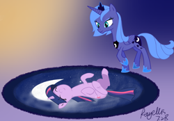 Size: 2360x1640 | Tagged: safe, artist:rayelli, derpibooru import, princess luna, twilight sparkle, unicorn twilight, alicorn, pony, unicorn, carpet, cute, female, gradient background, lesbian, lying down, on back, shipping, tail, twiabetes, twiluna