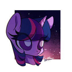 Size: 1536x1536 | Tagged: safe, artist:rottengotika, derpibooru import, twilight sparkle, unicorn twilight, pony, unicorn, bust, eye clipping through hair, female, mare, passepartout, portrait, signature, simple background, solo, white background