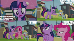 Size: 2000x1125 | Tagged: safe, derpibooru import, edit, edited screencap, editor:quoterific, screencap, chirpy hooves, pinkie pie, twilight sparkle, twilight sparkle (alicorn), alicorn, trade ya, book, feather, rainbow falls (location)