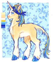 Size: 1421x1634 | Tagged: safe, artist:cactiflowers, derpibooru import, oc, oc only, oc:goldenrush, classical unicorn, pony, unicorn, bandana, cloven hooves, color palette, female, hock fluff, hoof fluff, horn, leg fluff, leonine tail, magical gay spawn, mare, offspring, parent:big macintosh, parent:shining armor, parents:shiningmac, solo, unshorn fetlocks