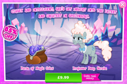 Size: 1960x1302 | Tagged: safe, derpibooru import, idw, earth pony, pony, advertisement, bowtie, coin purse, costs real money, deep strata, ear piercing, earring, english, female, gameloft, glasses, idw showified, jewelry, magic coins, mare, mobile game, my little pony: magic princess, numbers, official, piercing, sale, solo, text