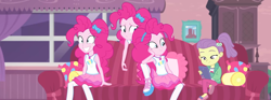 Size: 2897x1080 | Tagged: safe, derpibooru import, edit, edited screencap, screencap, lily pad (equestria girls), pinkie pie, human, equestria girls, equestria girls series, pinkie sitting, cellphone, clothes, composite screencap, cutie mark on clothes, female, geode of sugar bombs, hairband, magical geodes, multeity, pantyhose, phone, pillow, rah rah skirt, self paradox, shoes, skirt, smartphone, sofa, triality
