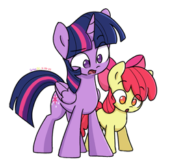 Size: 878x848 | Tagged: safe, artist:spheedc, derpibooru import, apple bloom, twilight sparkle, twilight sparkle (alicorn), alicorn, earth pony, pony, :o, female, filly, foal, mare, open mouth, simple background, white background, you seeing this shit