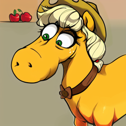 Size: 768x768 | Tagged: safe, ai content, derpibooru import, generator:stable diffusion, machine learning assisted, machine learning generated, applejack, earth pony, bust, female, generator:ponydiffusion, hat, simple background, solo