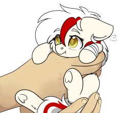 Size: 2403x2136 | Tagged: safe, artist:rokosmith26, derpibooru import, oc, oc only, oc:awya lightfeather, pony, bags under eyes, bandage, cheek fluff, commission, cute, ears, female, filly, floppy ears, foal, hand, holding, holding a pony, in goliath's palm, looking up, mare, moderate dark skin, simple background, size difference, solo, transparent background, underhoof, ych result, younger, your character here