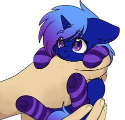 Size: 2224x2128 | Tagged: safe, artist:rokosmith26, derpibooru import, oc, oc only, oc:polaris starshine, pony, unicorn, cheek fluff, clothes, commission, cute, ears, female, filly, floppy ears, foal, hand, holding, holding a pony, horn, in goliath's palm, looking up, mare, moderate dark skin, simple background, size difference, socks, solo, striped socks, transparent background, underhoof, ych example, ych result, younger, your character here